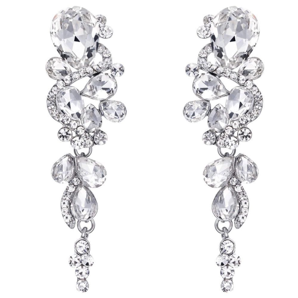 Silver with White Diamond Austrian Crystal Chandelier Statement Clip On Earrings